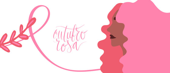 Outubro Rosa - October Pink in portuguese language. Brazil Breast Cancer Awareness campaign web banner. Handwritten lettering.