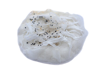 Thai traditional dessert,  soft white bun pancake, or Kanom Thung Thong in Thai, Topping with sliced coconut meat and sesames  isolated on white background. Popular street food in Thailand.   
