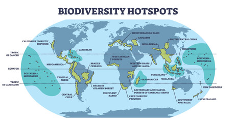 Biodiversity hotspots with life species variety on world map outline diagram. Labeled educational animal habitats scheme with ecosystem most dense places on geographical atlas vector illustration. - obrazy, fototapety, plakaty