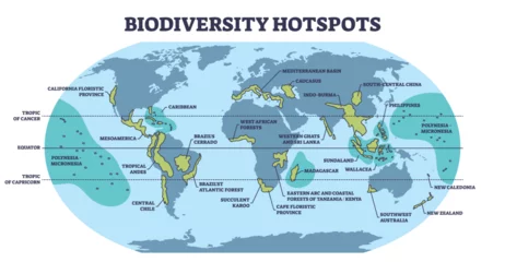 Foto op Canvas Biodiversity hotspots with life species variety on world map outline diagram. Labeled educational animal habitats scheme with ecosystem most dense places on geographical atlas vector illustration. © VectorMine