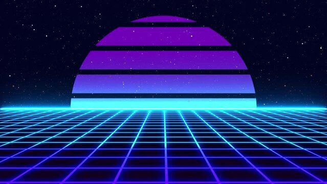 Retro style Sci-Fi Synthwave Backround. Futuristic Perspective Grid Landscape. Digital Cyber Surface. Suitable for design party flyer, banner, poster or cover style 80s or 90s. 3D illustration