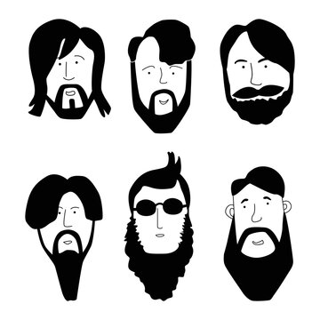Set of trendy and stylish hipsters with different haircuts and beards. Silhouettes, emblems, badges, labels. Vector illustration in doodle style.