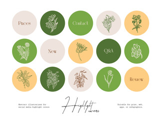 Set of hand drawn ink wildflower and botanical illustrations for social media highlight covers
