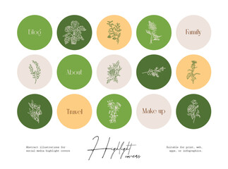 Set of hand drawn ink wildflower and botanical illustrations for social media highlight covers
