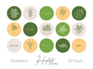 Set of hand drawn ink wildflower and botanical illustrations for social media highlight covers
