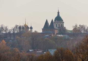 Fototapeta na wymiar Aerial view of the town of Zaraisk with a dome of an Orthodox Church and Kremlin, Zaraisk, Moscow region, Russia