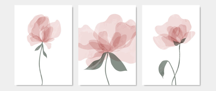 Set of abstract paintings with peonies. Wall art with watercolor and transparency vector effect. Wall decoration with flowers and leaves.