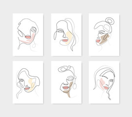Faces of women of different nationalities in one line. Poster set. Vector stock illustration.