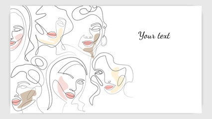The face of women of different nationalities in one line on a white background. Banner design with copy space. Vector stock illustration.