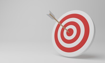concept of goal target business marketing. arrow hitting in the red target center of the archery target or bullseye on white background. 3d illustration