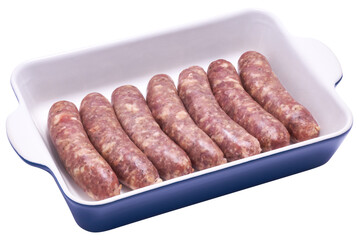 Raw beef or pork grill sausage in baking dish isolated