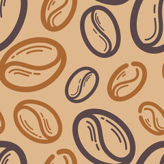 Vector seamless pattern with many big contour coffee beans. Decorative element for cafe menu design, advertising layout. Hand drawn art illustration. Espresso blend. Graphic linear sketch. Food print.