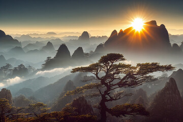 Early morning sunrise in the Huangshan mountains - obrazy, fototapety, plakaty