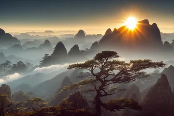 Foto op Plexiglas Huangshan Vroege ochtendzonsopgang in de Huangshan-bergen