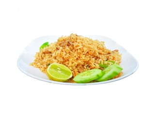 Fried rice, beautifully decorated plate isolated on a white background.