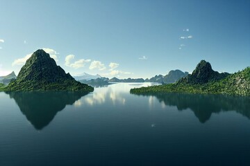 lake and mountains, river, landscape, render, 4k, nature, joy