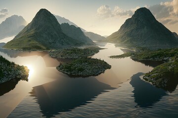 sunrise over the lake, river, sun, render, nature, sky, render, 4k