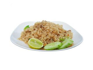 Fried rice, beautifully decorated plate isolated on a white background.