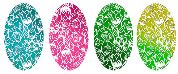 Easter eggs with flower pattern isolated on a white background.  Set of decorative colorful  eggs.   For holiday design.