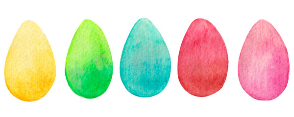 Watercolor festive collection, bright multicolored Easter eggs isolated on white background.