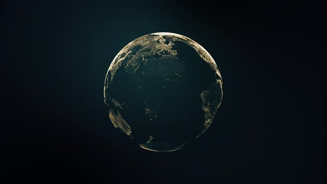 Animation of spinning globe of the Earth planet from golden particulars on dark background, 4K seamless loop earth globe animation