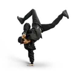 Fotobehang Fashion handsome man dancer with stylish baseball cap and sunglasses in a fashionable black outfit with a bomber jacket, jeans and sneakers performs and stands on hand. Dance boy © alones