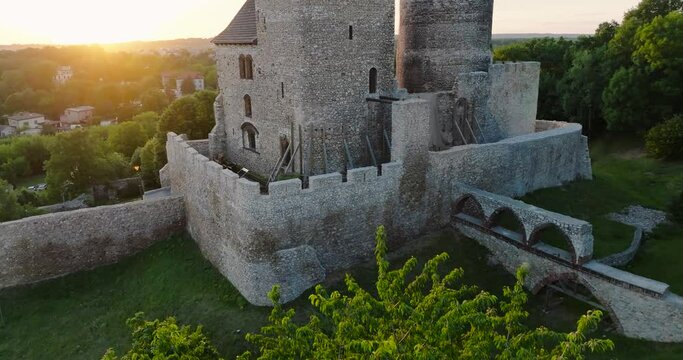 Aerial view of the Castle in Bedzin at sunset, Upper Silesia, Poland. 