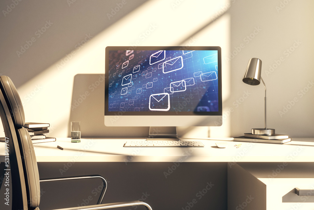 Poster Modern computer monitor with postal envelopes hologram. Electronic mail and spam concept. 3D Rendering