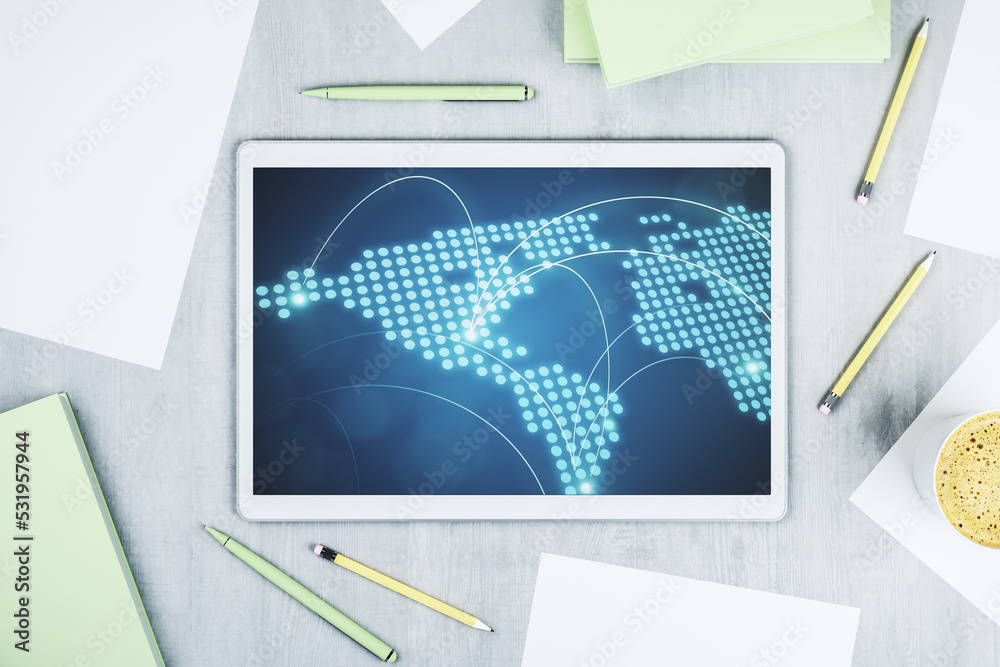 Aufkleber Abstract creative world map with connections on modern digital tablet screen, international trading concept. Top view. 3D Rendering