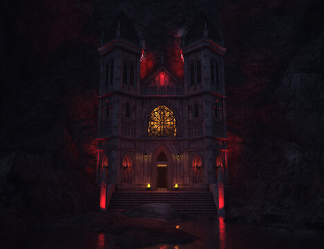 3D rendered underground dark castle at night with red lights