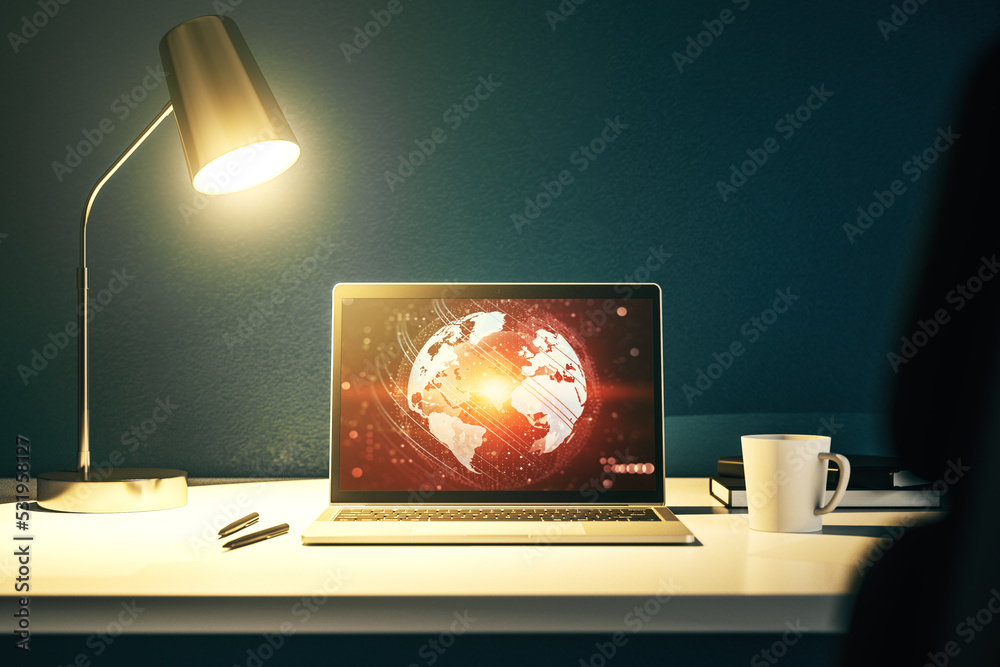 Poster modern computer screen with abstract creative digital world map, research and analytics concept. 3d 