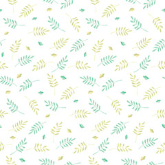 Green herbs seamless pattern. Leaves, wildflowers and berries. Vector illustration with different plants and branches on white background.