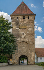 Gate tower (Rinderbacher Torturm) fortification of the old city wall, Schwäbisch Gmünd, Baden Württemberg, Germany.