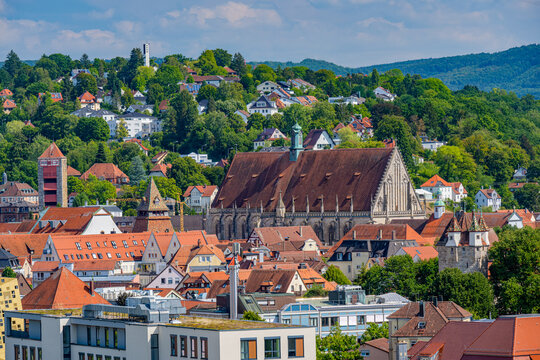 Panoramic view over Schwäbisch Gmünd with Five button tower (Fünfknopfturm), King tower (Königsturm), Holy Cross cathedral (Heilig-Kreuz-Muenster). Baden Wuerttemberg, Germany, Europe