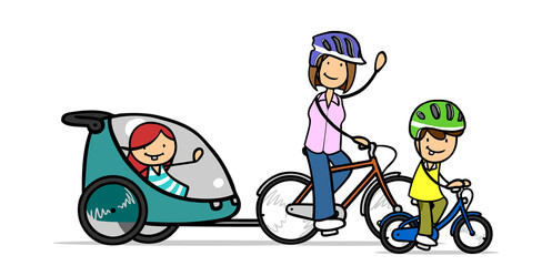 Family riding bikes with trailer and helmet