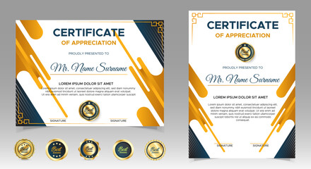Black and yellow certificate of achievement border template with luxury badges and modern line pattern. For award, business, and education needs