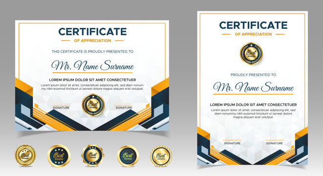 Black and yellow certificate of achievement border template with luxury badges and modern line pattern. For award, business, and education needs