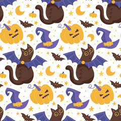 Seamless pattern with cartoon black cats with bat wings, witch hat and angree pumpkin isolated on white background. Vector hand drawn illustration.