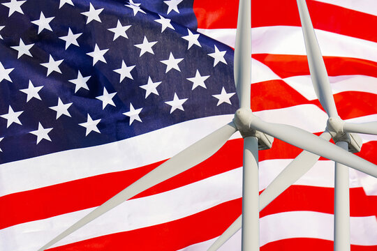 Two Wind Turbines for alternative energy on US flag background. Energy development and energy crisis. Eco power and Wind stations for renewable electric energy production in USA - Powered by Adobe