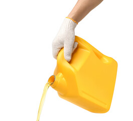 Pouring engine oil from yellow plastic container isolated on white background. Clipping path.