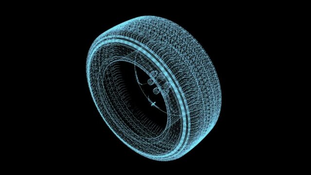 Beautiful Animated Hologram of a Virtual Machine Wheel. Rotating Hologram Technology Visualization of 3D. Blue and Black Background