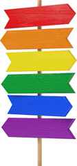 Wooden crossroads signpost with LGBT Rainbow Flag Colors © Miquel