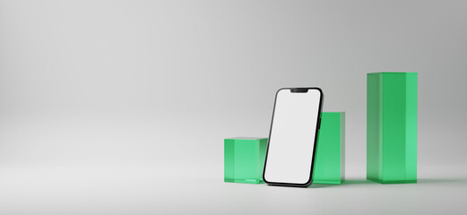 3d rendering of smartphone leaning up against 3d glass business data bar graph 