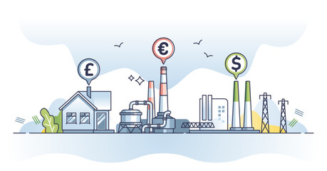 Carbon pricing instrument as costs of business greenhouse gas outline concept. Financial fee for CO2 emissions and fossil factory charge vector illustration. Climate tax for air pollution industry.