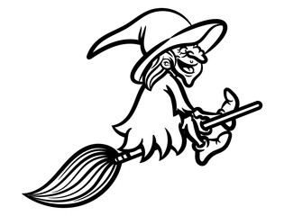 Cartoon illustration of witch wearing hat and ugly dress, flying using a broomstick, best for mascot, logo, and coloring book with halloween themes for kids