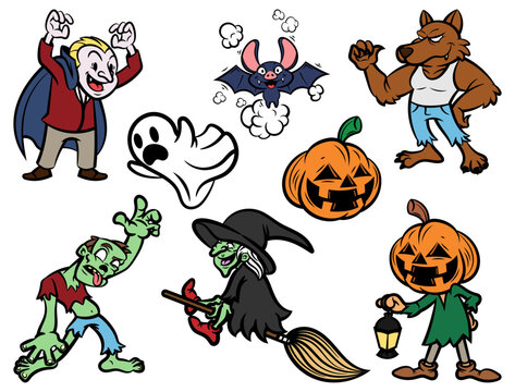 Group of mythical creatures, witch, vampire, bat, werewolf, jack o lantern, ghost, pumpkin face, and zombie, best for wallpaper, background, and pattern with halloween themes