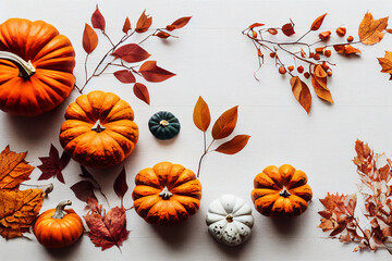 3d illustration of festive autumn decor made of pumpkins berries and leaves on a white wooden table
