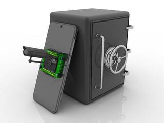 3d rendering microchips on mobile phone protection CCTV camera near locker
