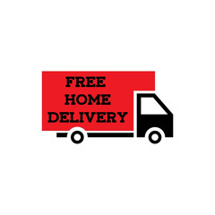 Free home delivery sticker. Icon of a flat black cargo truck silhouette, online store icon, shopping sticker 