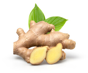 Close up, Fresh ginger rhizome with sliced and green leaves isolated on white background